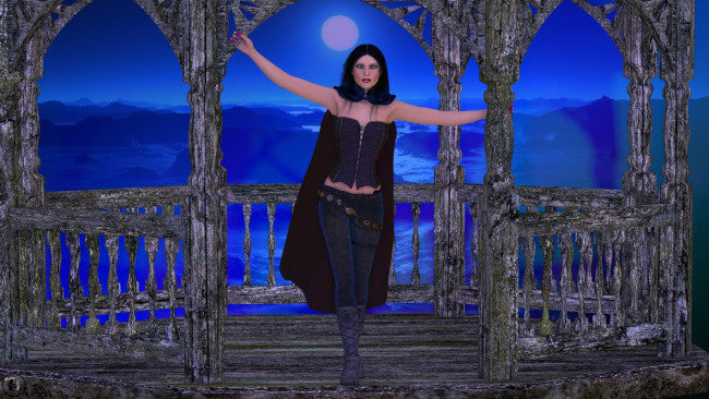 Обои картинки фото 3д графика, люди , people, взгляд, девушка, горы, накидка, сапоги, луна, фон