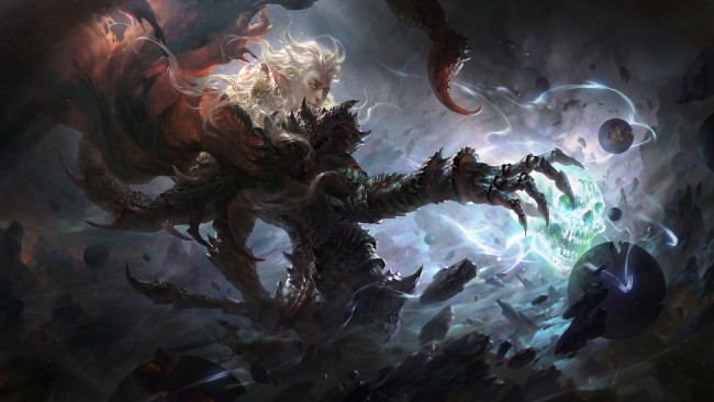 Обои картинки фото фэнтези, эльфы, взгляд, эльф, блондин, когти, череп, рука, магия, scorpion, мужчина, art