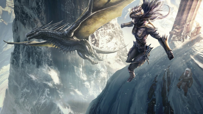 Обои картинки фото фэнтези, драконы, девушка, маг, доспехи, колонна, скалы, горы, снег, дракон