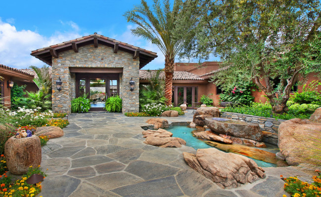 Обои картинки фото rancho mirage california сша, города, - здания,  дома, rancho, mirage, california, сша, особняк, фонтан, ландшафт