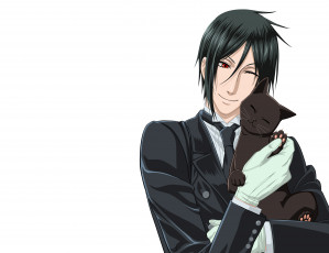 Картинка аниме kuroshitsuji улыбка себастьян умиление кошка дворецкий демон фон