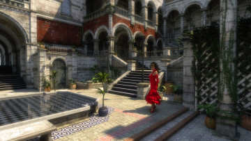 Картинка 3д+графика люди+ people двор взгляд фон девушка дом