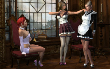 Картинка 3д+графика люди+ people девушки комната униформа фон свеча стул окно