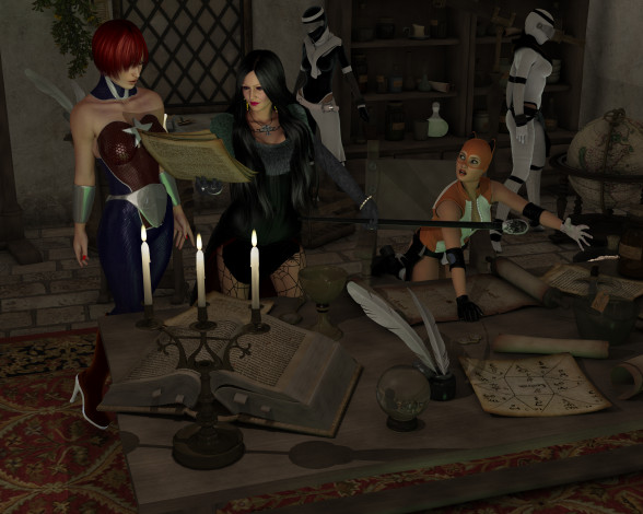 Обои картинки фото 3д графика, фантазия , fantasy, взгляд, девушки, книга, фон, свечи