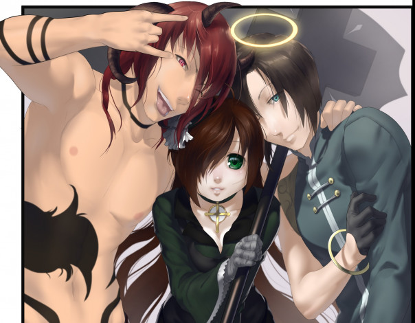 Обои картинки фото аниме, ангелы,  демоны, трио, демон, ангел, девушка, парни