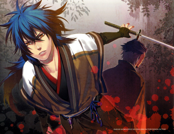 Обои картинки фото аниме, hakuoki, парень, взгляд, меч, фон