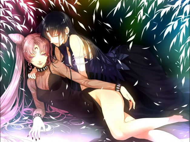 Обои картинки фото аниме, sailor moon, bishoujo, senshi, sailor, moon, сережки, лак, закрытые, глаза, две, девушки, платье, длинные, волосы, black, lady, chibiusa, tomoe, hotaru
