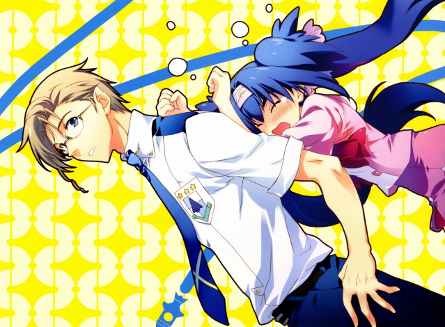 Обои картинки фото аниме, macross frontier, слезы, галстук, очки, эмблема, рубашка, двое, mikhail, blanc, macross, frontier, klan, klang, art, yuuko, yamada