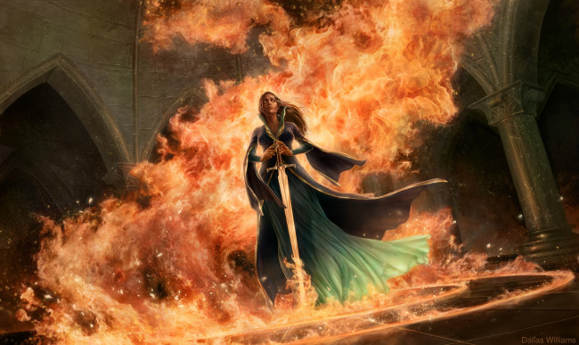 Обои картинки фото фэнтези, девушки, фон, взгляд, девушка, огонь, оружие