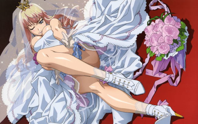 Обои картинки фото аниме, macross frontier, подвязка, букет, соблазнение, фата, sheryl, nome, macross, frontier, невеста