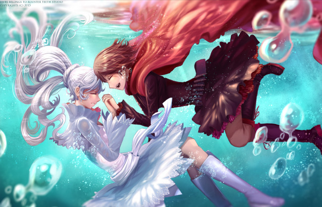 Обои картинки фото аниме, rwby, weiss, schnee, ruby, rose, арт, вода, девушки, пузырьки