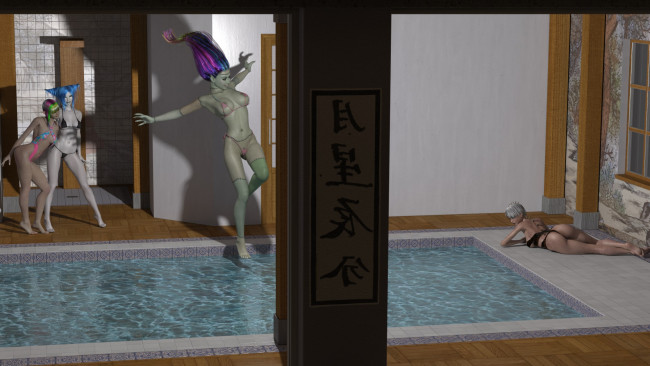 Обои картинки фото 3д графика, эльфы , elves, фон, взгляд, эльфийки, бассейн