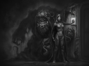 Картинка фэнтези существа дверь меч art улыбка привратник чудовище плащ охранник