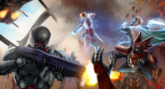 Обои картинки фото фэнтези, роботы,  киборги,  механизмы, оружие, фон, мужчины, униформа