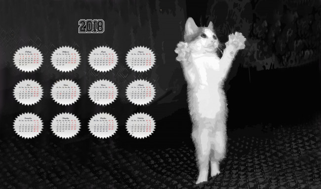 Обои картинки фото календари, рисованные,  векторная графика, кошка, 2018