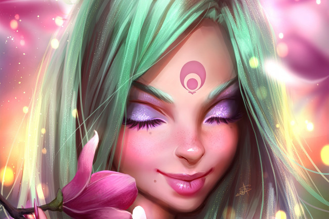 Обои картинки фото фэнтези, девушки, девушка, лицо, цветок, ресницы, арт, губы