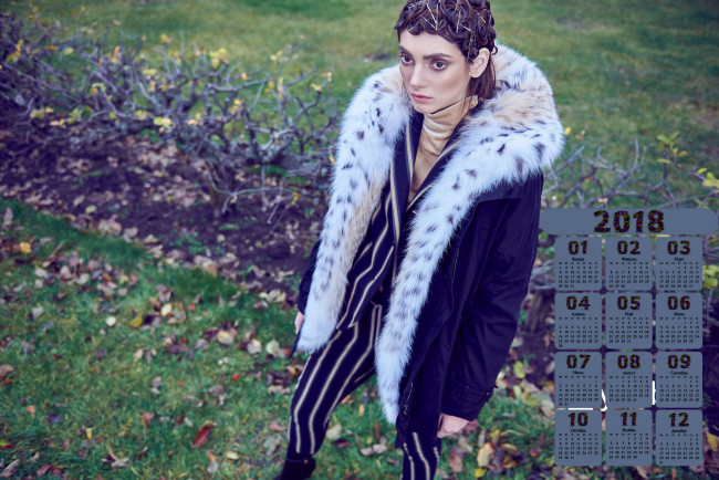 Обои картинки фото календари, девушки, листва, 2018, взгляд