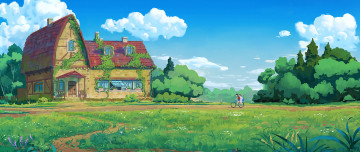 Картинка рисованное денис+истомин дом деревья луг велосипедист