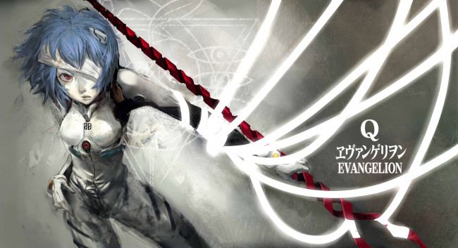 Обои картинки фото аниме, evangelion, rei, ayanami, девушка, пилот, копье, лонгиния