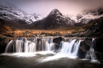 обоя природа, водопады, горы, снег, поток, камни, водопад