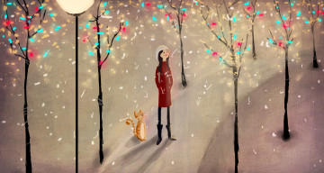 обоя рисованное, люди, девушка, кот, дорога, снег, деревья, фонарь, конфетти