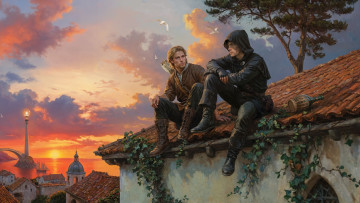 Картинка фэнтези люди пейзаж сидят на крыше дома