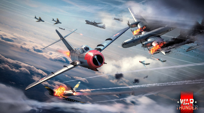 Обои картинки фото видео игры, war thunder, самолеты, бой, огонь, полет, небо, облака