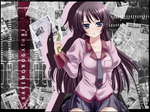 Картинка аниме bakemonogatari senjougahara+hitagi девушка форма нож газета надпись