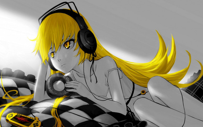 Обои картинки фото аниме, bakemonogatari, oshino shinobu, девушка, платье, шлем, пончик, еда, наушники, psp, клетчатый, кровать, подушка