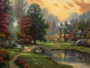Картинка thomas kinkade рисованные дом мост река пейзаж