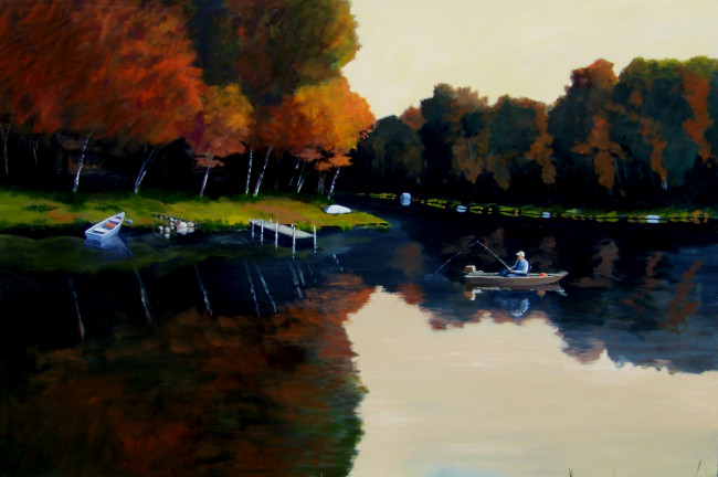 Обои картинки фото david, rickert, рисованные, рыбак, лодка