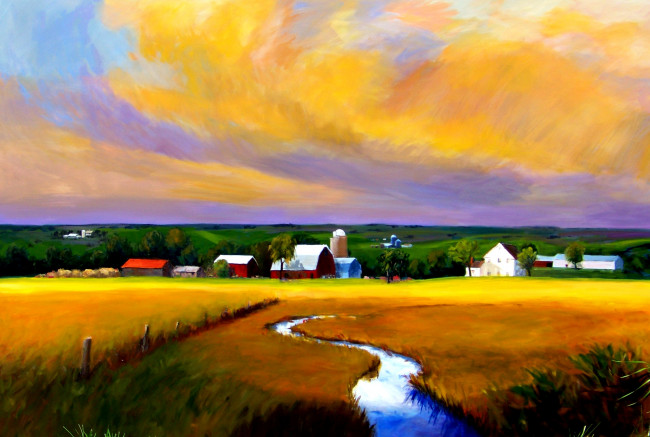 Обои картинки фото david, rickert, рисованные, поля, речка