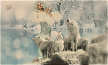 Картинка 3д графика people люди деревья озеро девушка зима волки