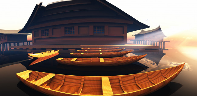 Обои картинки фото 3д, графика, realism, реализм, дом, вода, лодки