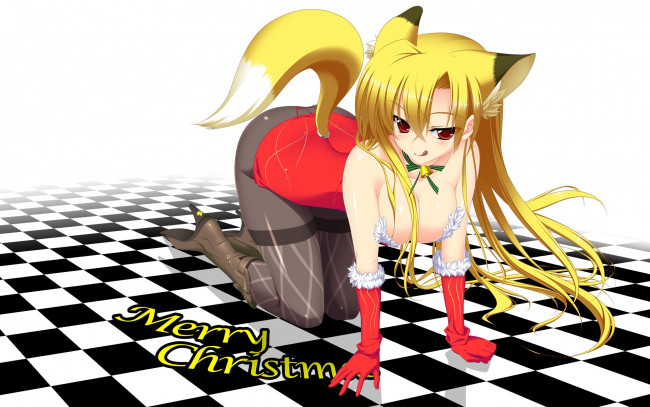 Обои картинки фото аниме, merry, chrismas, winter, девушка, лисичка