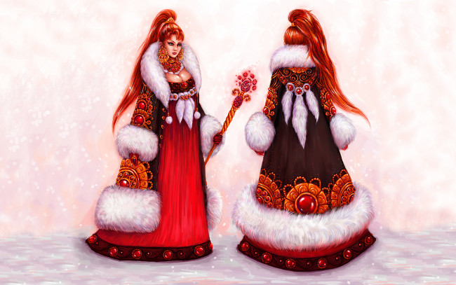 Обои картинки фото фэнтези, девушки, посох, шуба