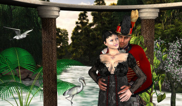 Картинка 3д+графика романтика+ romantics река колоны птицы растение природа взгляд девушка мужчина