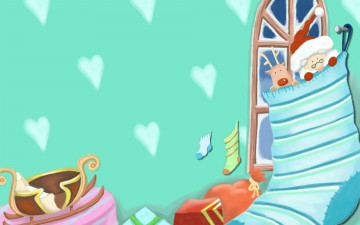 Картинка праздничные векторная+графика+ новый+год сани подарки окно дед мороз носок олень сердечки