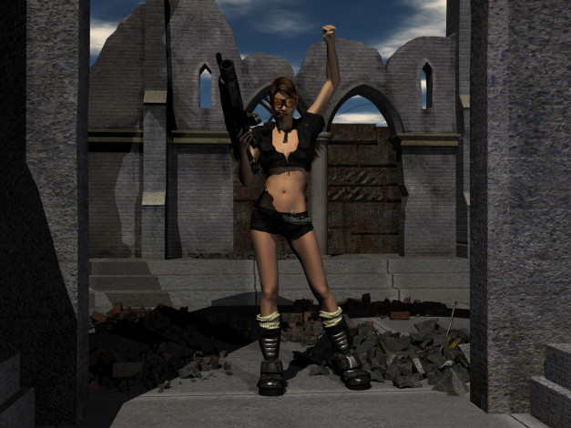 Обои картинки фото 3д графика, люди , people, оружие, фон, взгляд, девушка