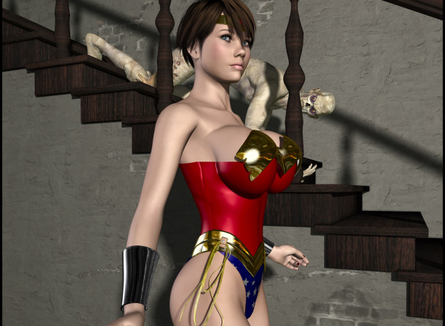 Обои картинки фото lordsnot, 3д графика, фантазия , fantasy, лестница, существо, фон, взгляд, девушка