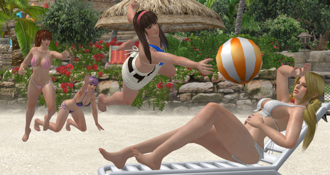 Обои картинки фото 3д графика, люди , people, шезлонг, мяч, фон, взгляд, девушки, пляж, отдых
