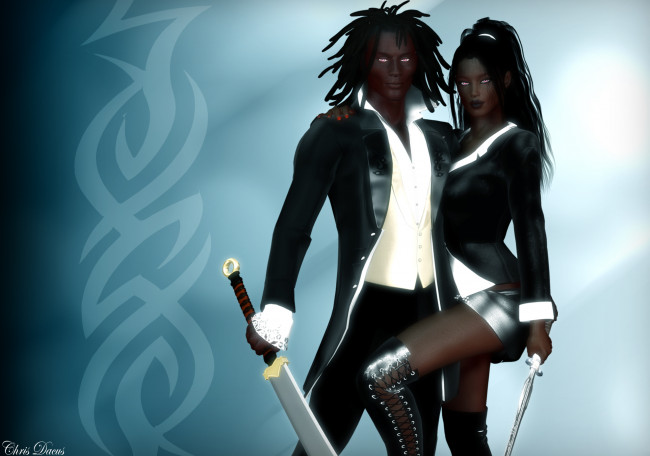 Обои картинки фото 3д графика, фантазия , fantasy, мужчина, оружие, взгляд, девушка