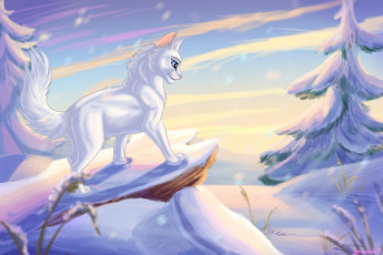 Картинка рисованное животные +коты снег ели кот