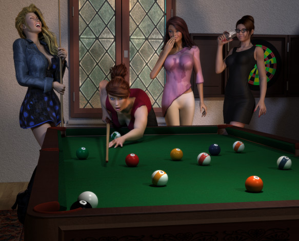 Обои картинки фото 3д графика, люди , people, взгляд, девушки, бильярд, фон