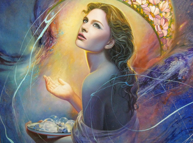 Обои картинки фото фэнтези, девушки, девушка, арт, свет, живопись, christiane, vleugels, лампочки, рука, лицо, взгляд, волосы, спина