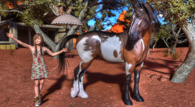 Обои картинки фото 3д графика, люди , people, лошадь, девочка
