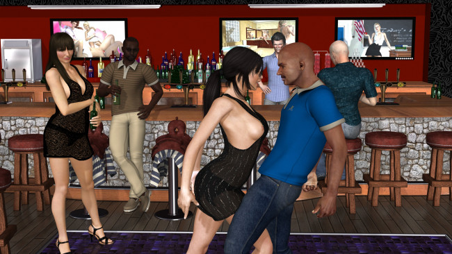 Обои картинки фото 3д графика, люди , people, фон, парни, кафе, тыква, взгляд, девушки