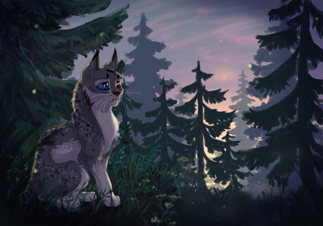 Обои картинки фото рисованное, животные,  коты, фон, взгляд, кот, лес