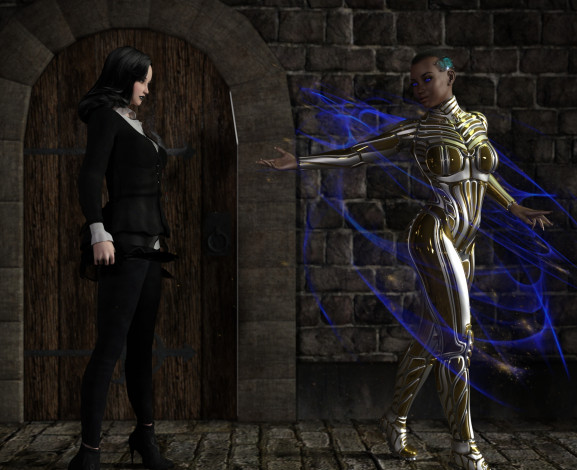 Обои картинки фото 3д графика, фантазия , fantasy, девушка, фон, взгляд