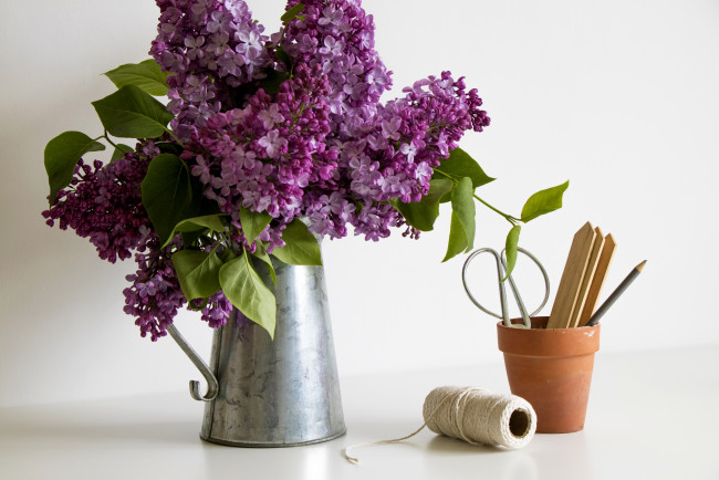 Обои картинки фото цветы, сирень, лейка, букет